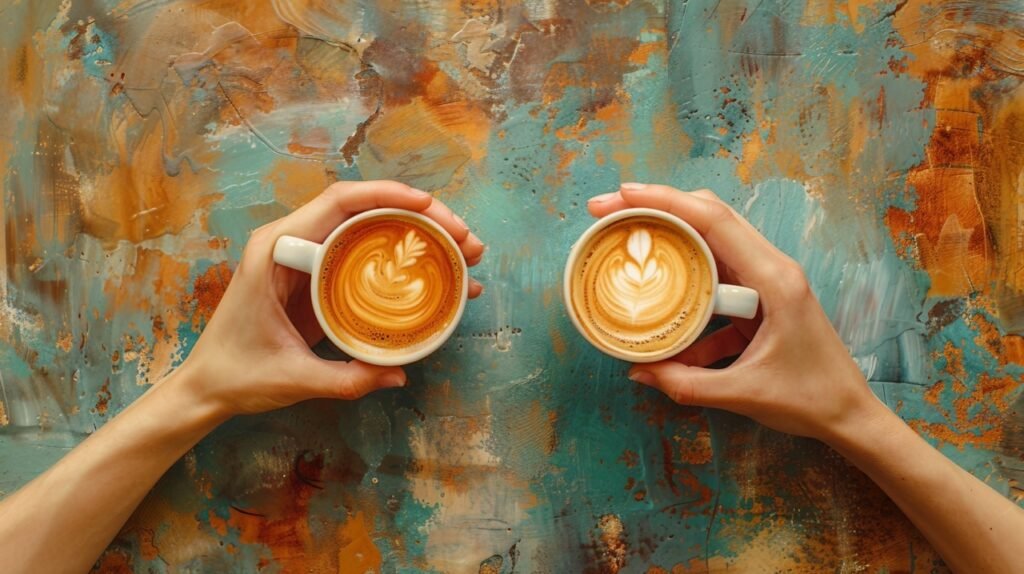 Coffee artistry Captivating cappuccino cups in hands – Stock photo for caffeine lovers