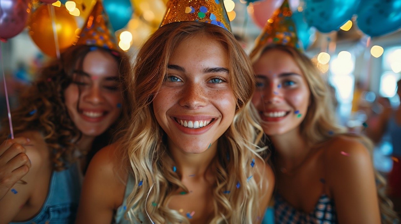 Colleagues’ Birthday Bash – stock image of coworkers having fun at an office celebratio