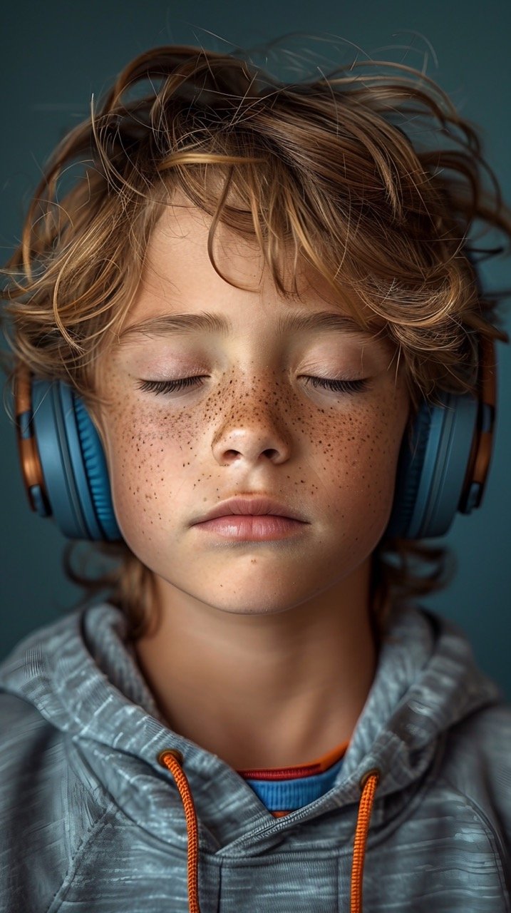 Colored Background Boy Grimacing, Eyes Closed, Listening to Music with Headphones – Stock Photo