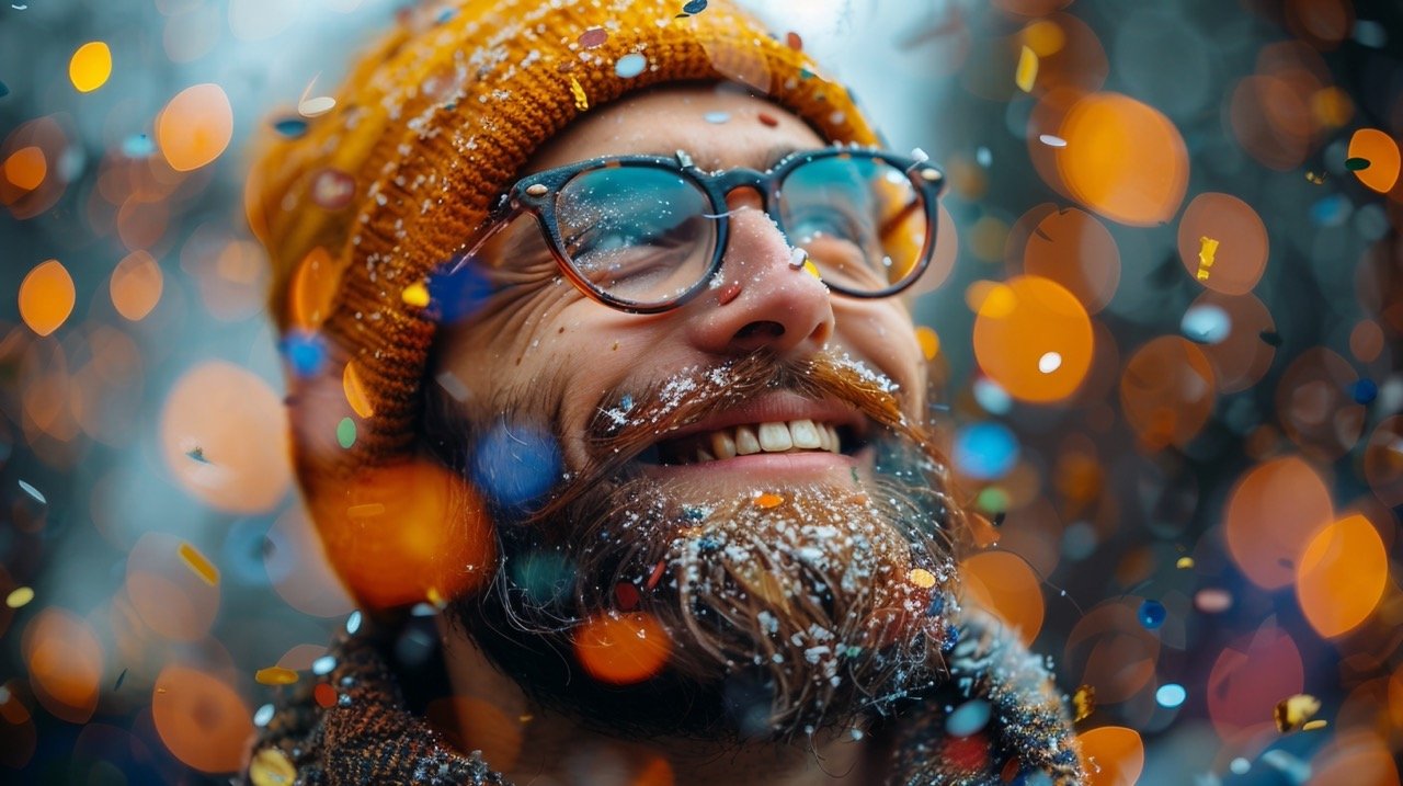 Colorful Confetti Joy – stock photography of a hipster enjoying vibrant confetti in a celebratory moment