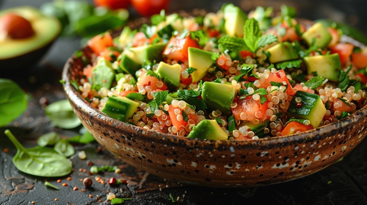 Colorful Quinoa Salad – Stock Image of Fresh Quinoa Dish with Avocado, Cucumber, Spinach, Tomatoes