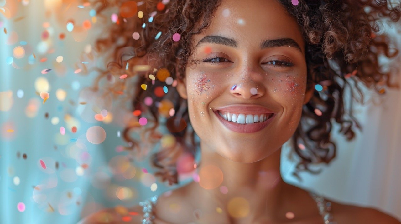 Confetti Dance Celebration – stock photography of a smartly-dressed woman enjoying a festive dance at a wedding reception