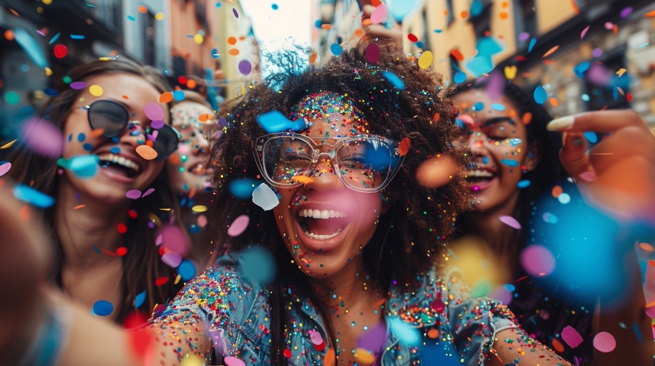 Confetti Fun in City Multi-Ethnic Women’s Celebration – stock picture of urban partying with colorful confetti