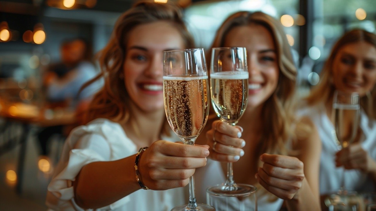 Corporate Celebration at Work – stock photography showing business colleagues in a bright office, toasting with champagne