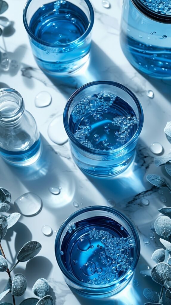 Cosmetic and Medicine Science Research – Stock Photo Blue Facial Serum in Petri Dishes and Flask