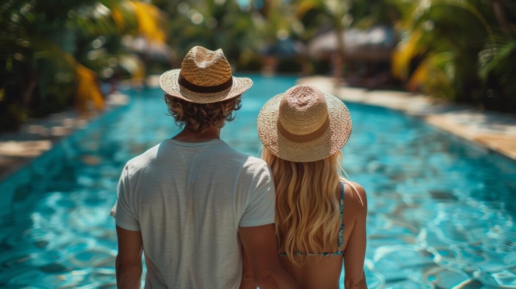 Couple eagerly arriving at resort – stock photo of travelers anticipating room view