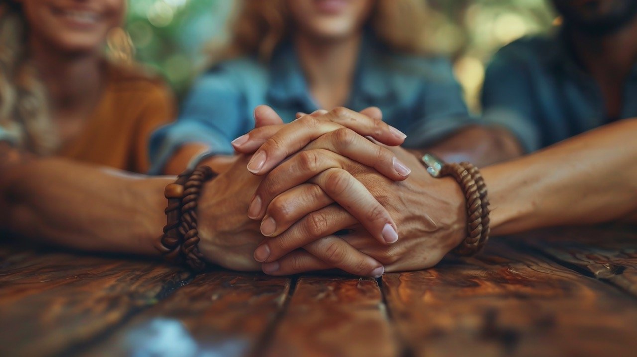 Coworkers’ Hands Stacked – stock image depicting teamwork and unity among colleagues in an office environment