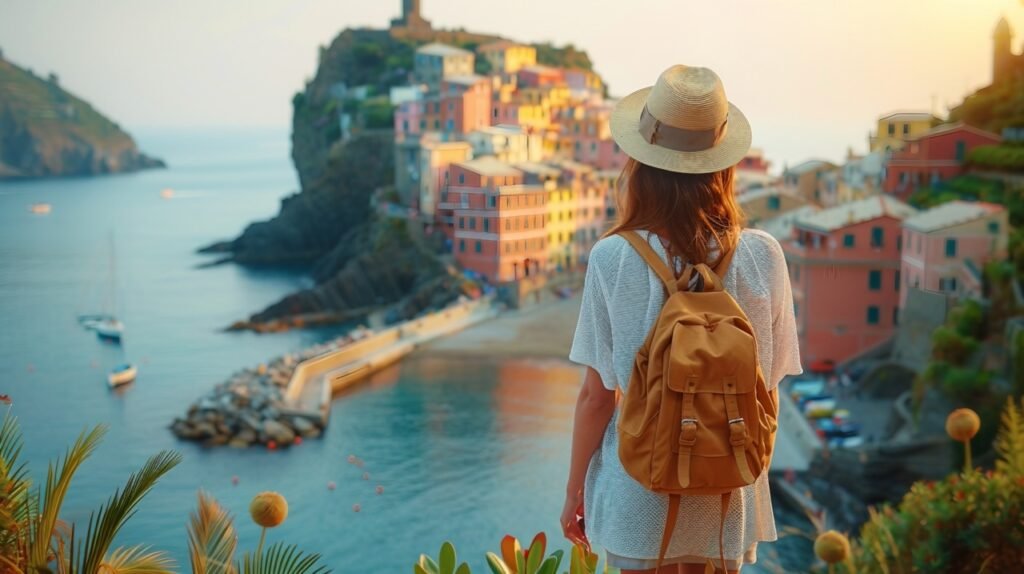 Creating memories – stock image of tourist capturing Vernazza, Cinque Terre, in a memorable photograph