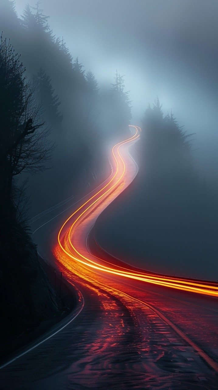 Dark Gray & Light Crimson Foggy Highway Light Trail, Max Rive, Emily Carr Influence, UHD Image