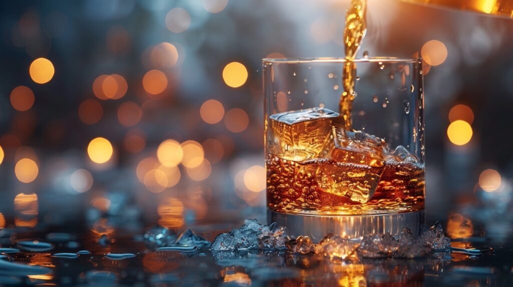 Dark whiskey pour Pouring over ice – Stock image of whiskey being poured into a glass with ice