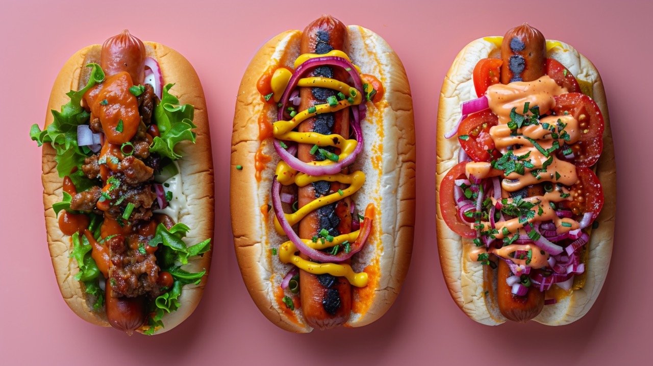 Delicious Hot Dogs 3 Types Featured in Overhead Stock Image on Pink Surface