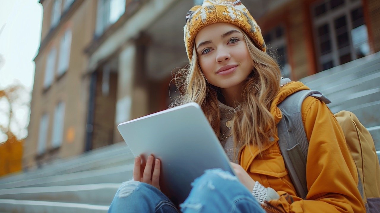 Digital learning Girl on high school stairs with laptop – Stock photo of study scene