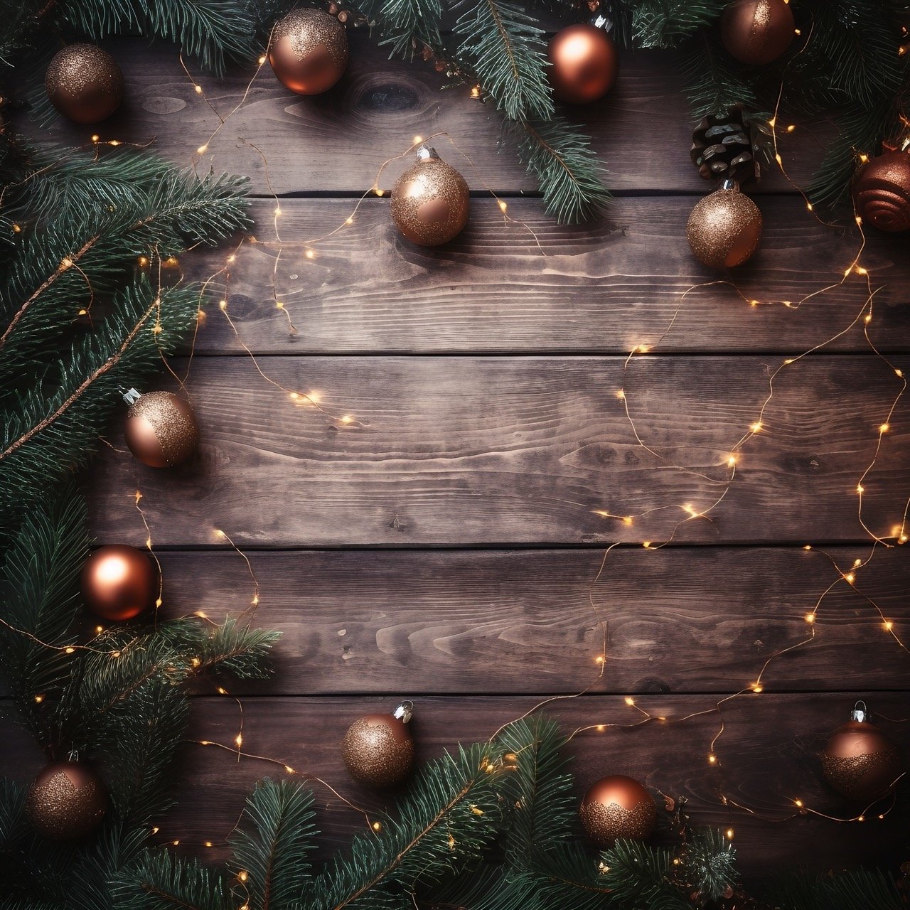 Discover in this stock photo a backdrop resonating with the spirit of Christmas and New Year, complete with fir branches, Christmas decorations, and radiant lights