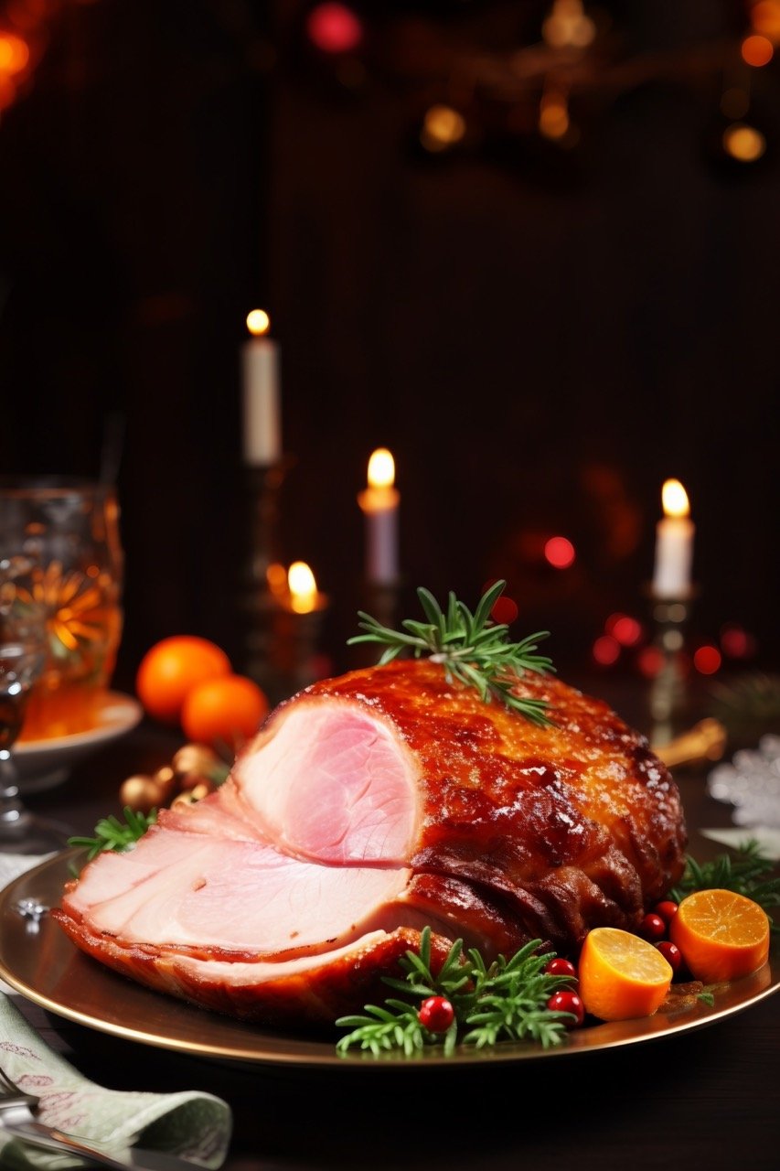 Displayed in a stock photo is a Christmas baked ham served on a vintage plate