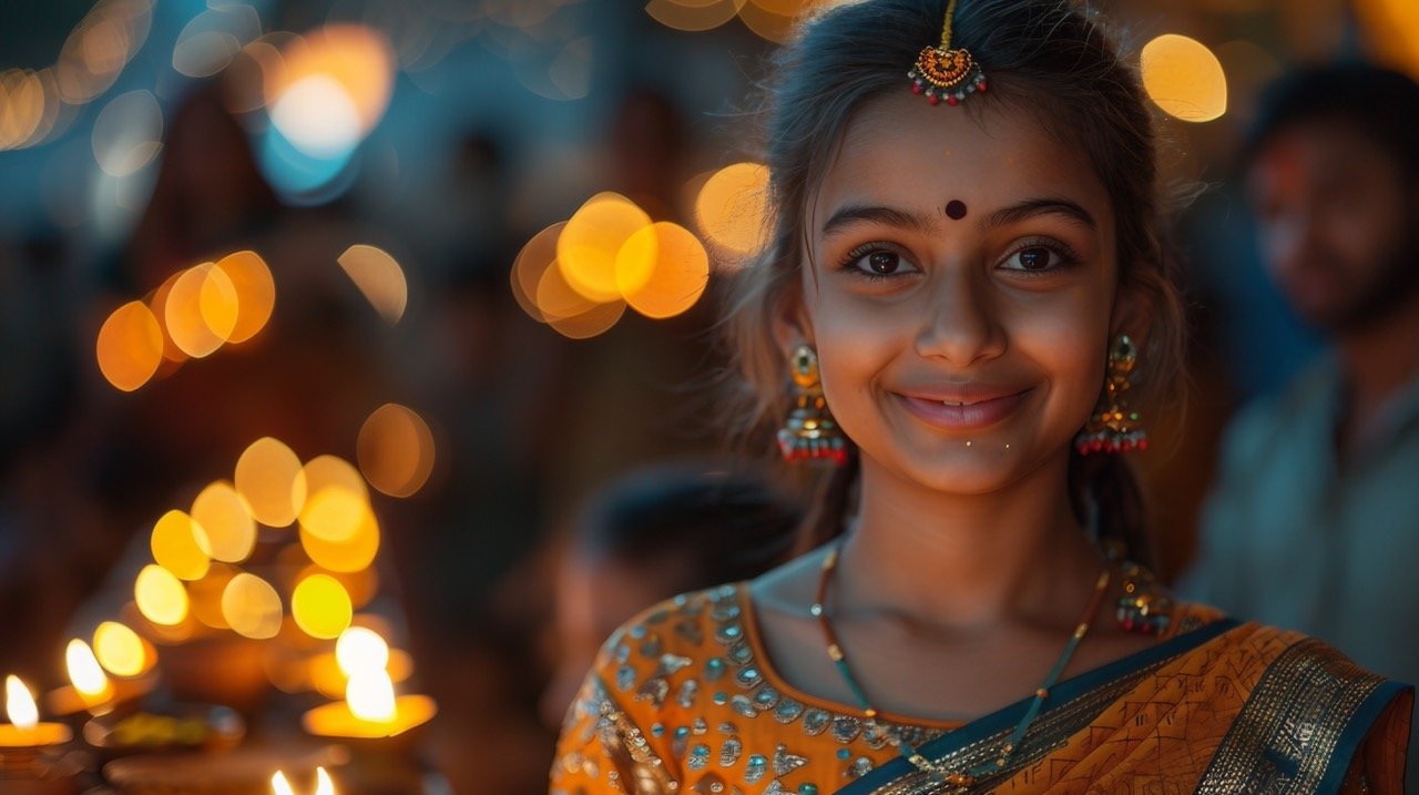 Diwali Celebration with Family – stock picture showcasing Indian ethnicity and family traditions during the Diwali festival