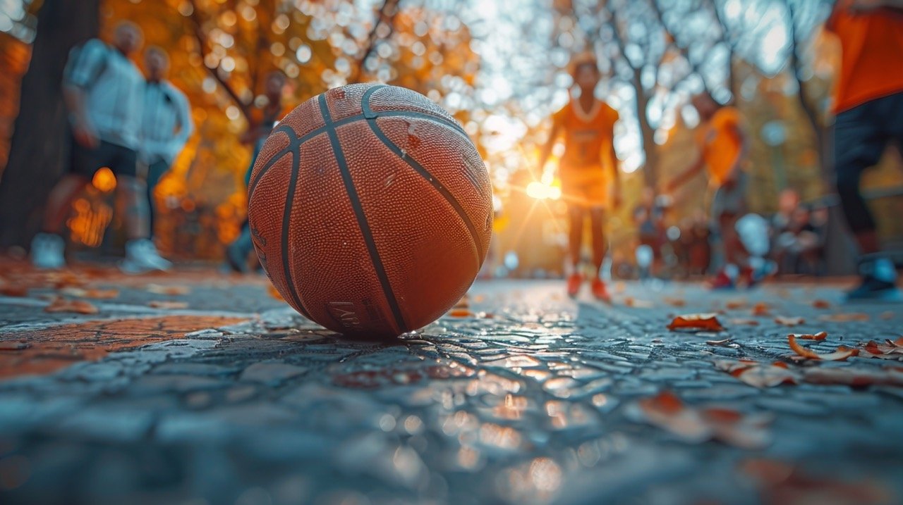 Dynamic Basketball Match Street Court Players Competing, Action-Packed Stock Photo