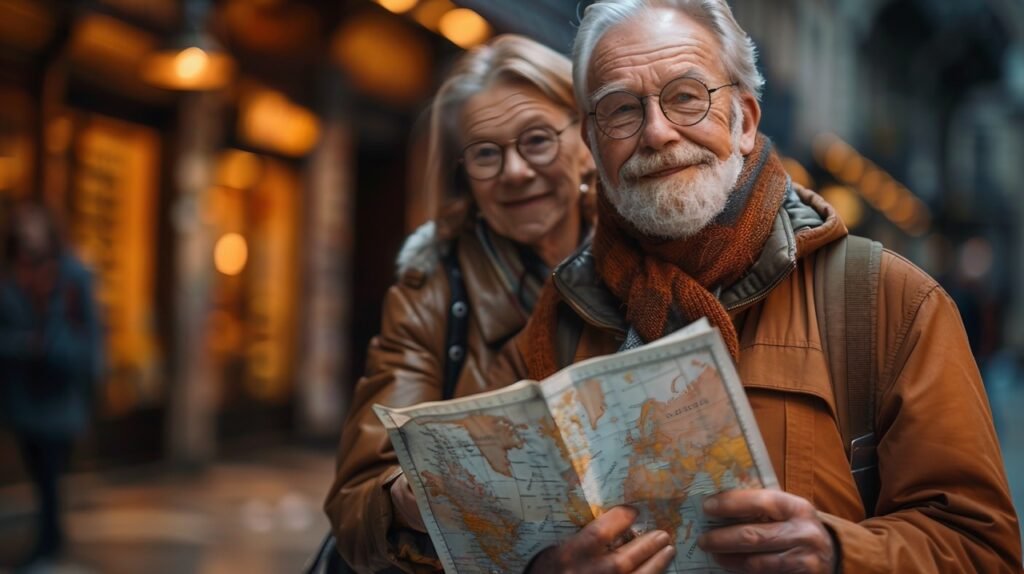 Elderly couple with map – stock image of seniors seeking direction on vacation