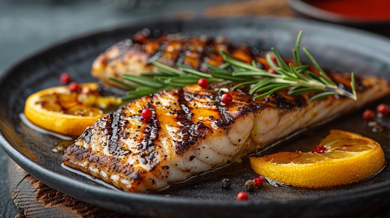 Elegant Grilled Sea Bass – Gourmet Fine Dining Dish Featured in Stunning Stock Image