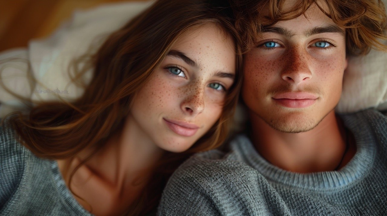 Emotional connection Stock photo of young couple, teenage girl resting head on man’s shoulder – Intimate embrace