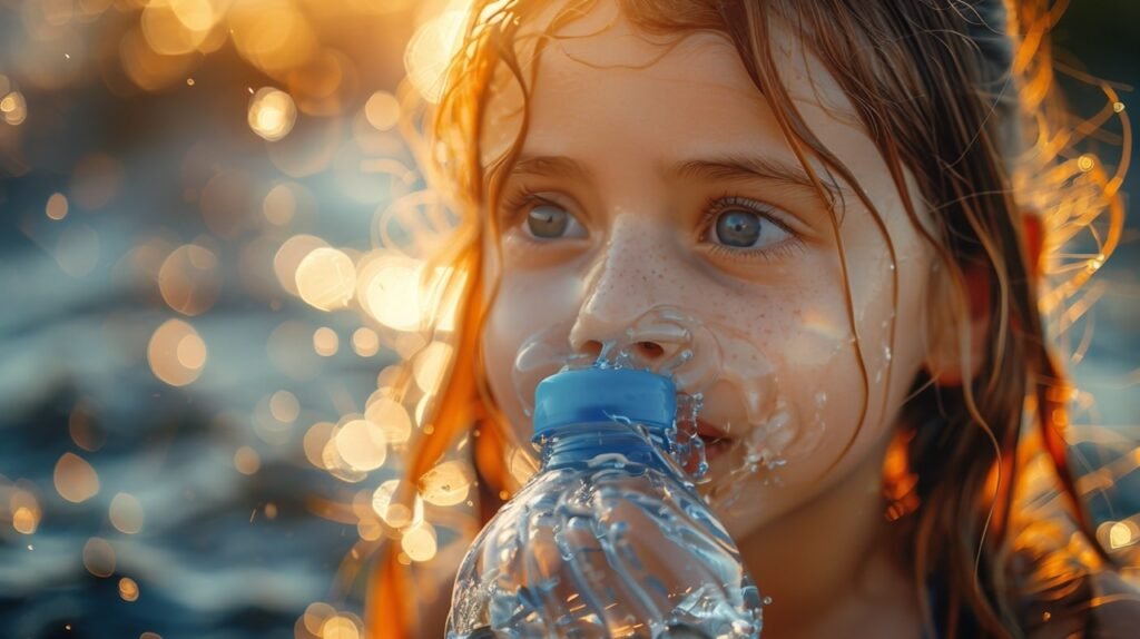 Exercise Hydration Little Girl Drinking Water – Stock Image Emphasizing the Role of Water in Workouts