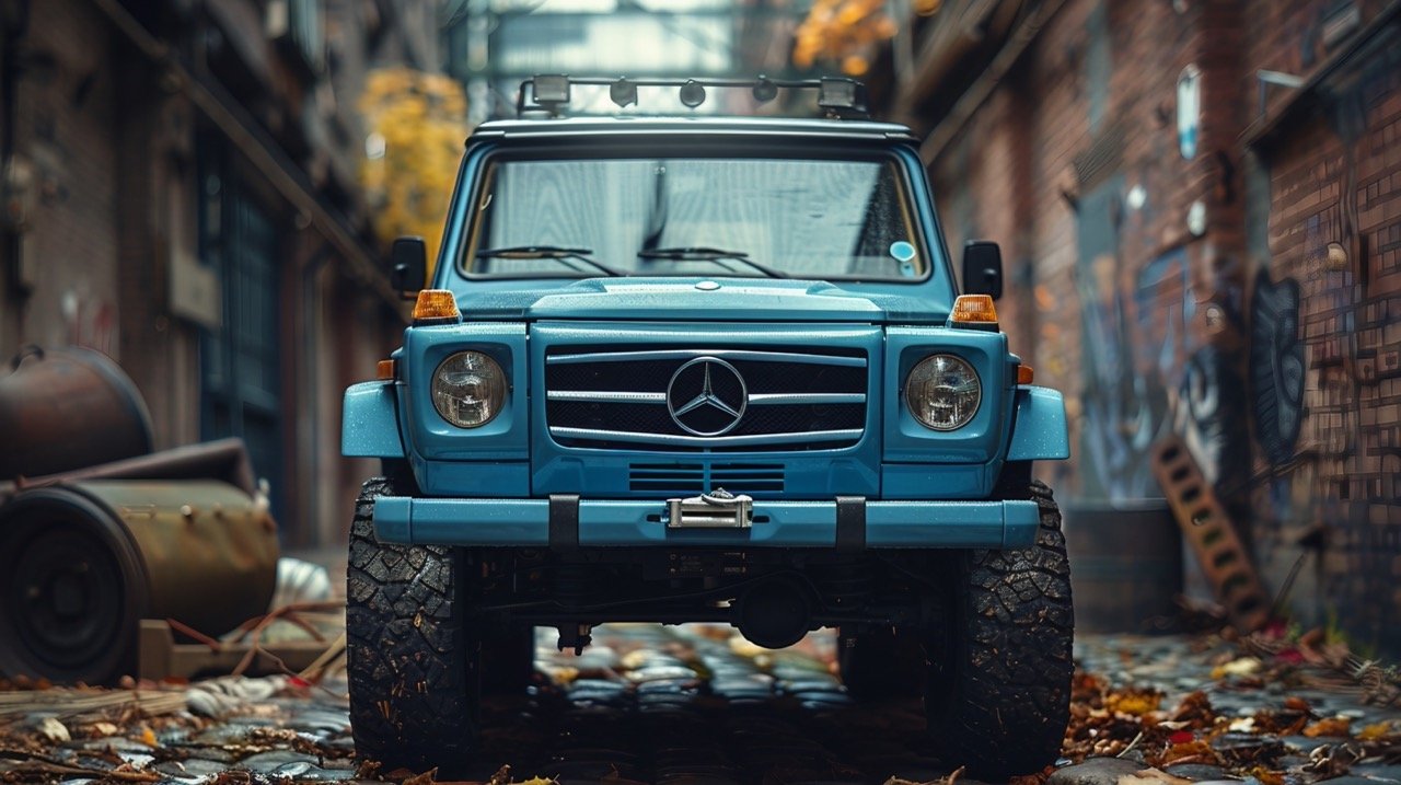 Expensive Mercedes-Benz Auto Teal Blue Urban Transportation Image for Automotive Websites and Luxury Car Enthusiasts