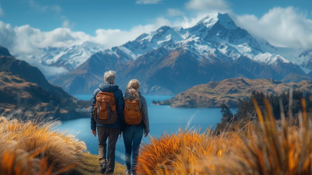 Exploring New Zealand – stock photo of tourist couple enjoying scenic view in Wanaka’s Mt. Roy