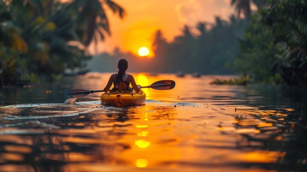 Exploring South India – stock photo of a young woman enjoying kayaking in Monroe Island’s backwaters