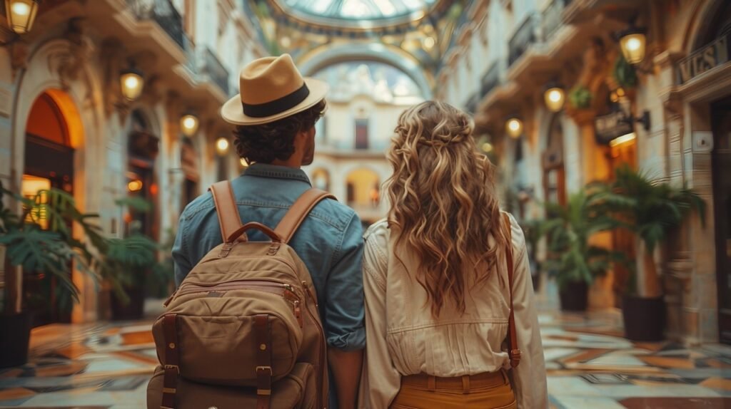 Exploring the globe together – stock image of young couple arriving with suitcases in Valencia