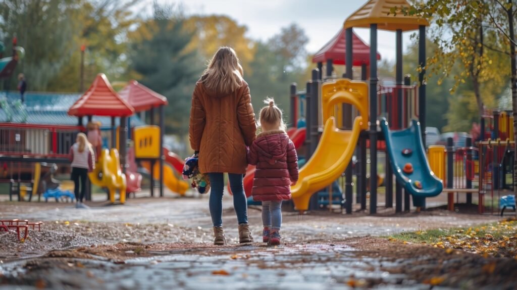 Family Playtime – Mother and Children on Roundabout in Park Playground Stock Photo