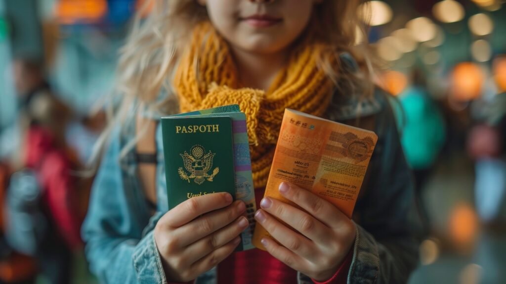 Family travel documents – stock photo of woman’s hands holding passports and boarding passes at airport check-in