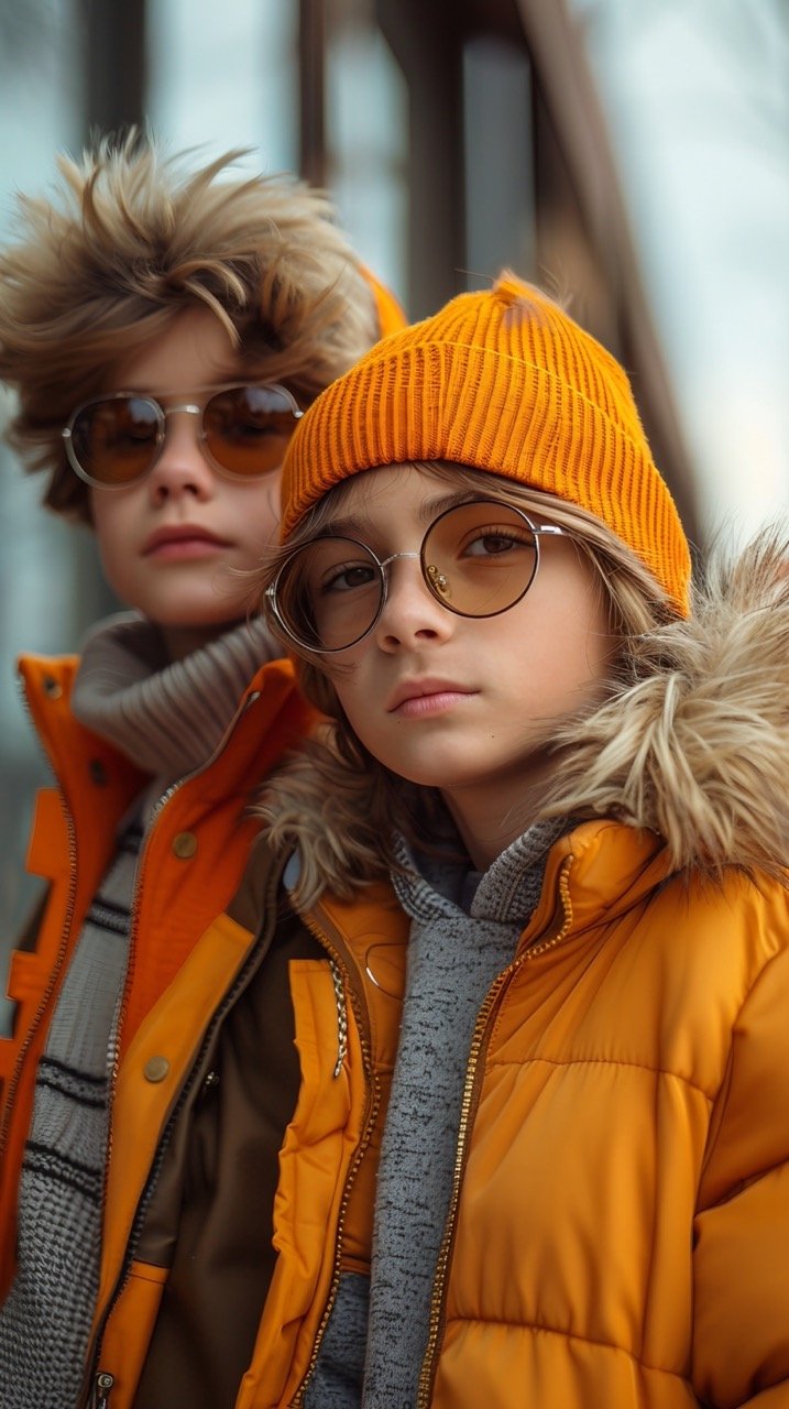 Fashionable duo Vibrant photo of two stylish young boys on orange background – Trendy stock image