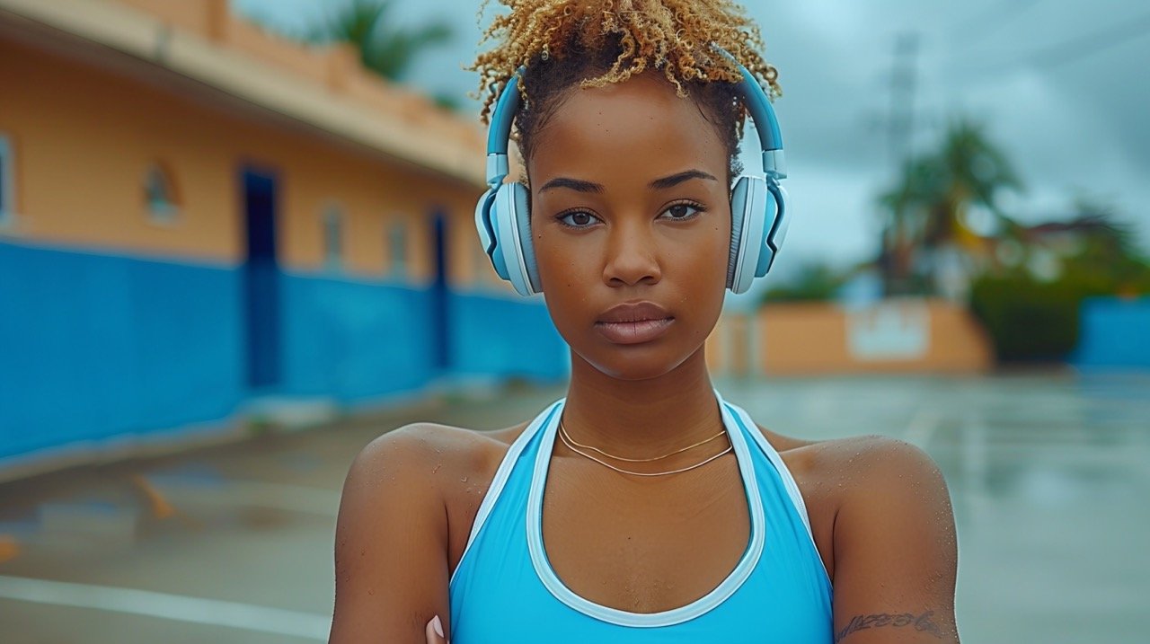 Fashionable millennial woman in blue sportswear checking digital watch and wearing headphones