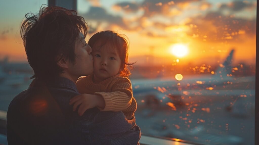 Father-daughter moment at airport – stock image of Asian family enjoying airplane view from window