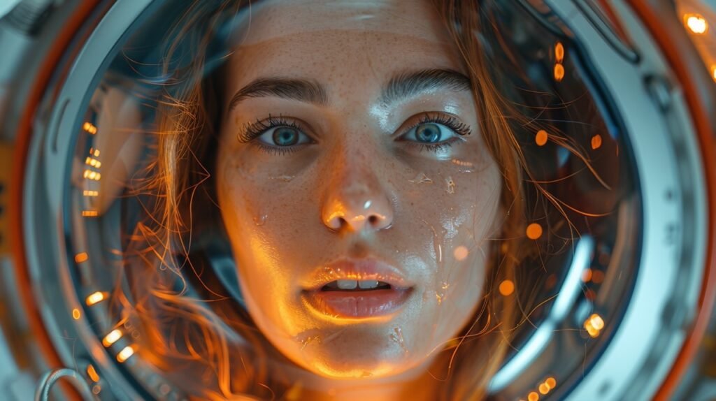 Female Commercial Space Traveler – Inside Spaceship Portrait, Stock Photo of Space Exploration Experience