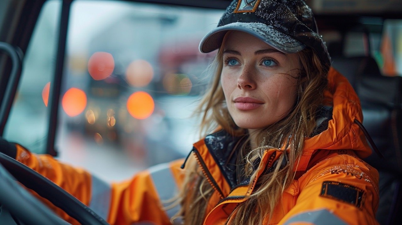 Female HGV driver at work – transportation industry stock image