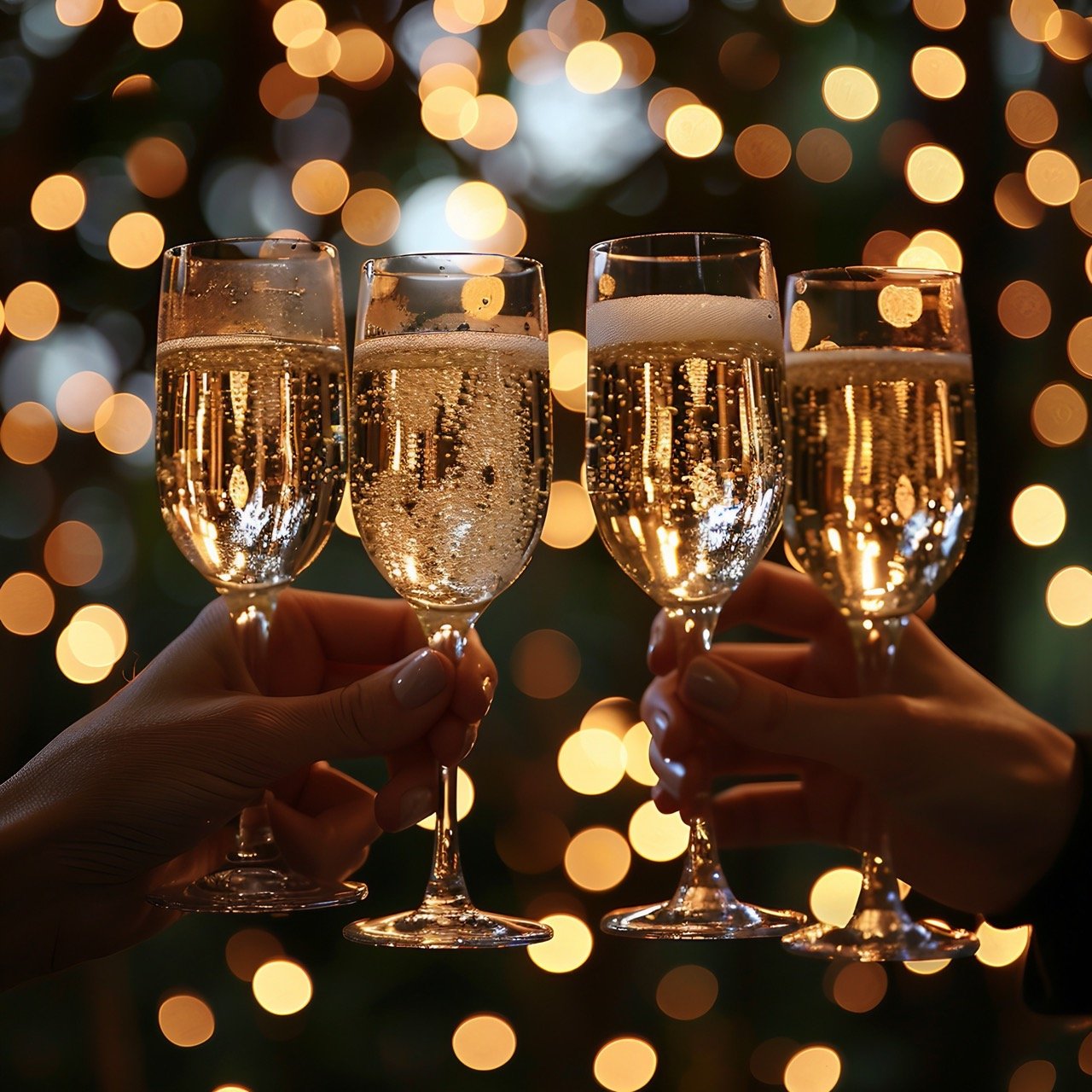 Festive Champagne Toast on Birthday – stock picture capturing celebratory silhouettes and string lights