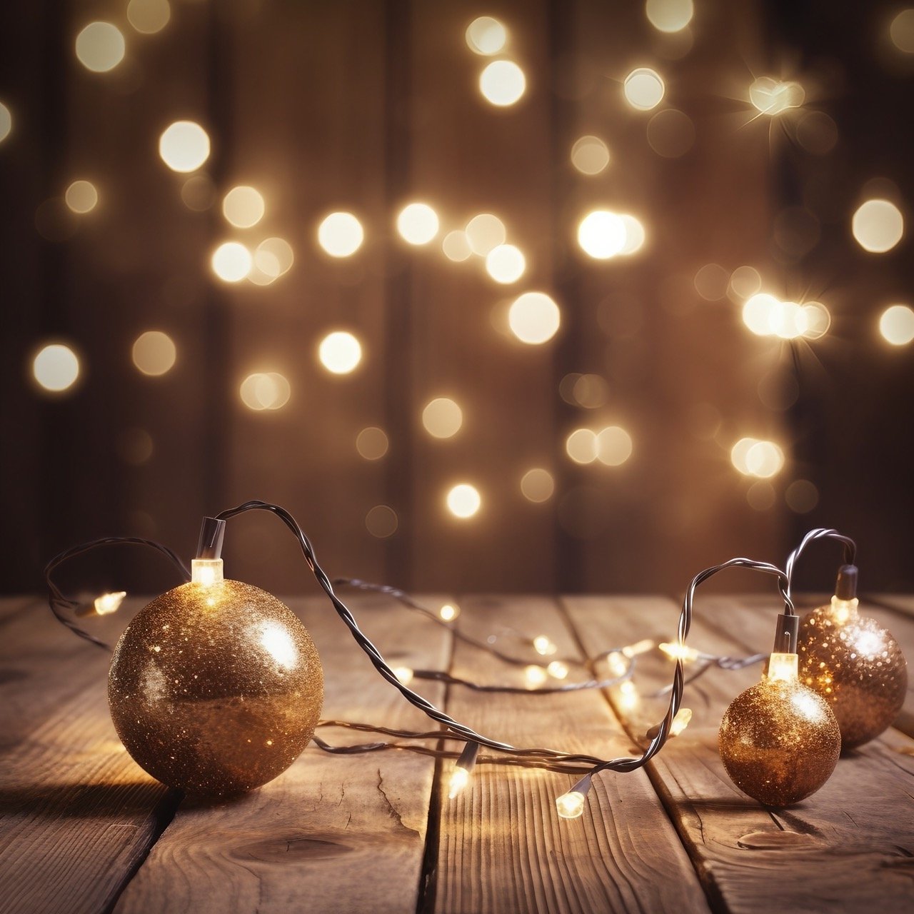 Festive Christmas Ornament with String Lights on Rustic Wooden Table – Holiday Stock Photo