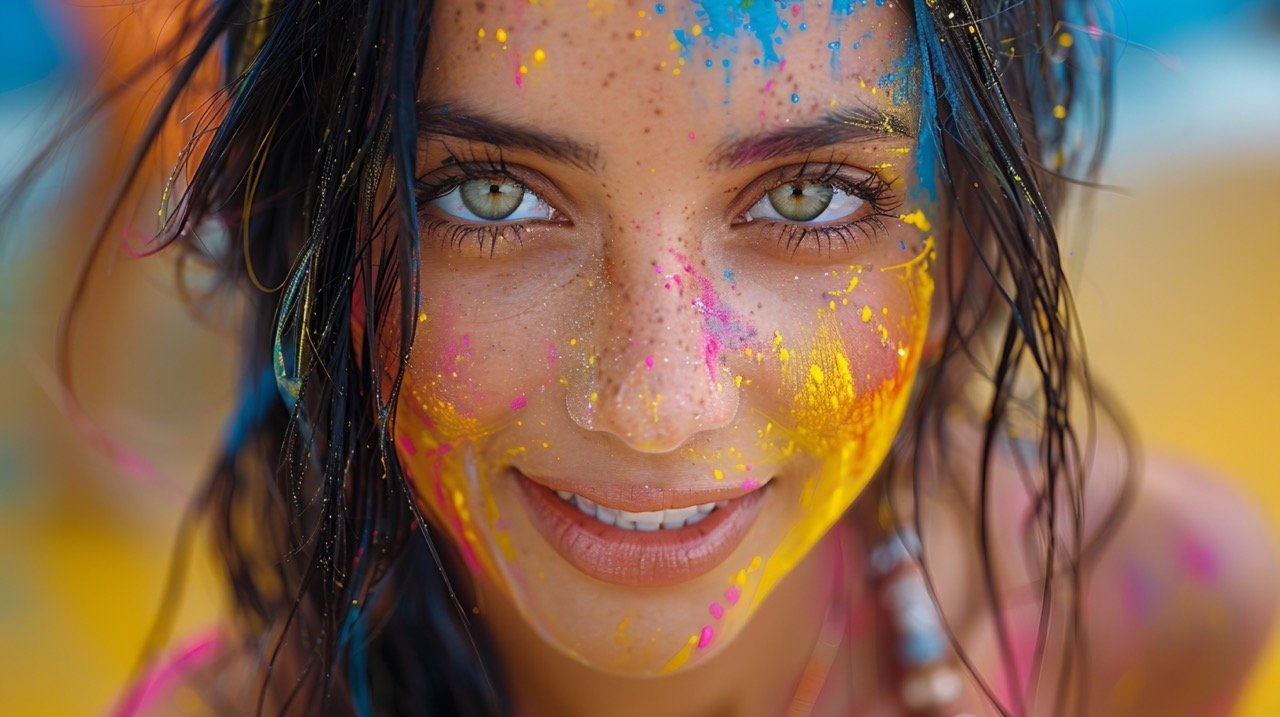 Festive Holi Dance Indian Woman’s Portrait – stock picture of a young woman with colored face dancing joyfully