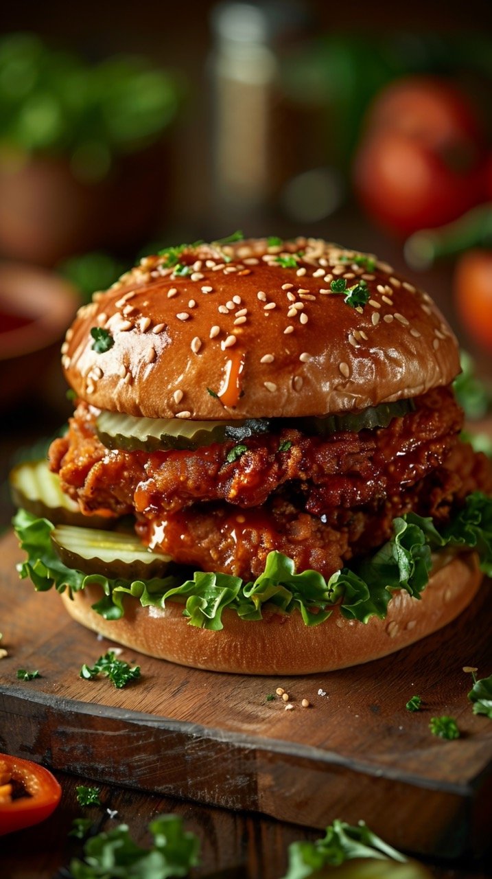 Flavorful Fried Chicken Sandwich – Appetizing Fast Food on Bun with Lettuce, Pickle, Sauce Stock Photo