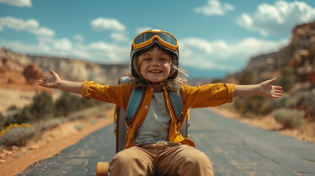 Flight-ready kid – stock image of a young boy with suitcase on skateboard, ready for travel