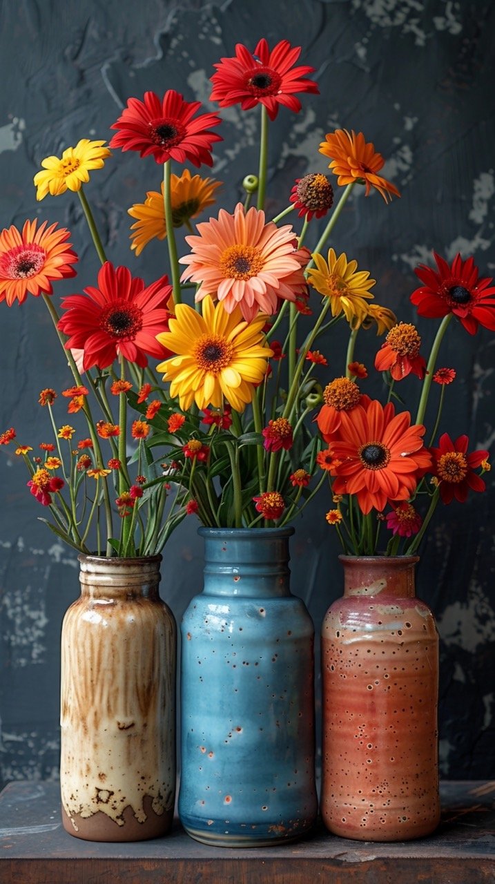 Floral Vases Trio – Beautiful Flowers Arranged in Three Vases, Decorative Background – Stock Photo