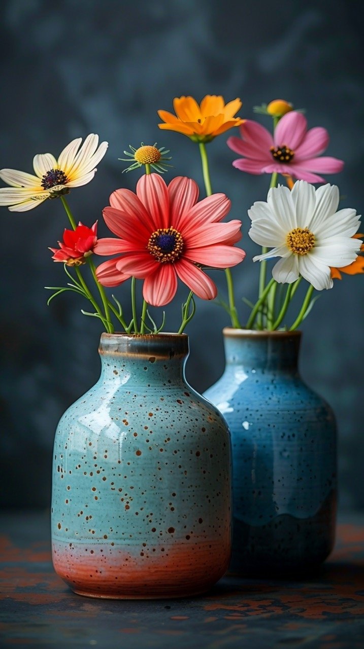 Flower Vases Trio – Blossoms in Three Vases, Beautiful Floral Background, Flower Bouquet – Stock Photo