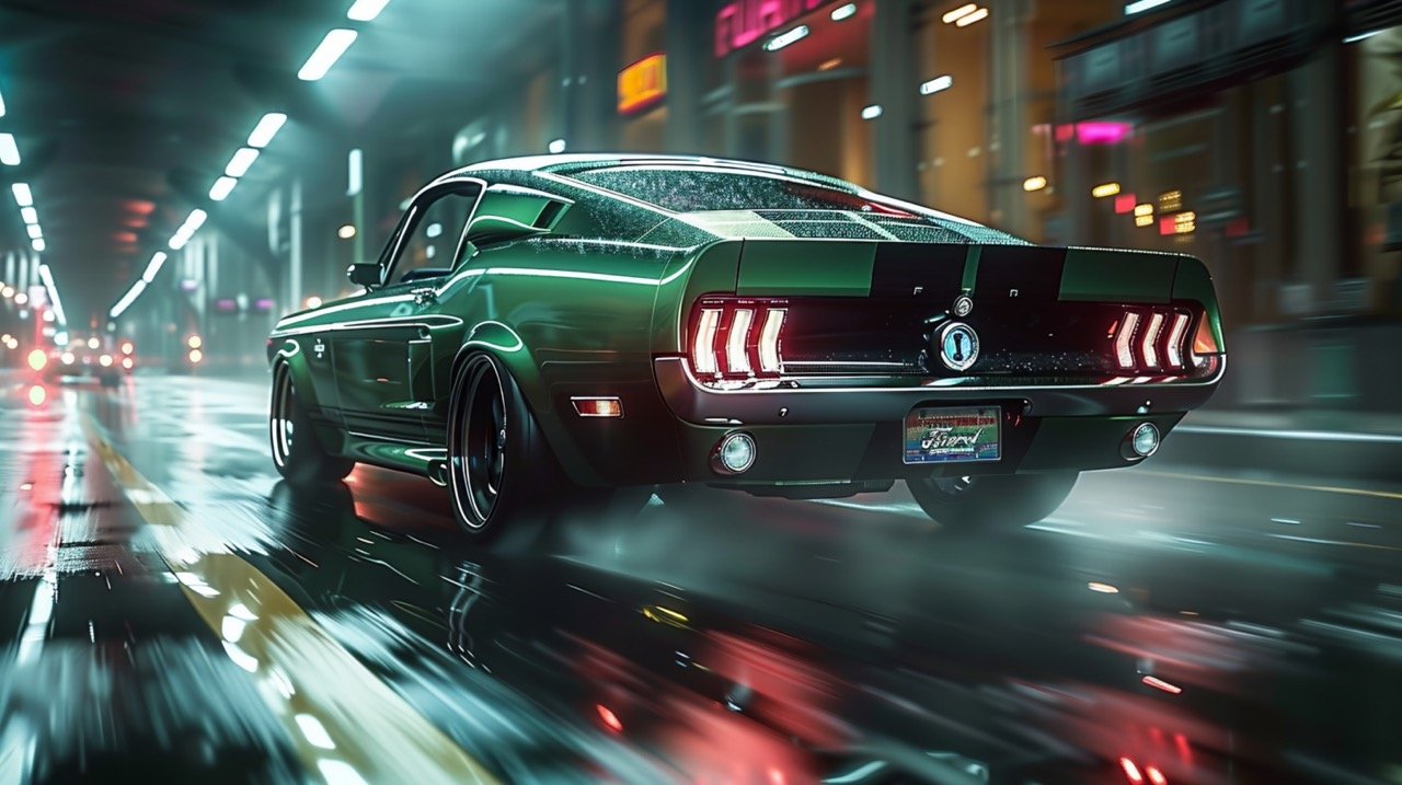 Ford Mustang on Road – Captivating Green Muscle Car Photography for Automotive Enthusiasts