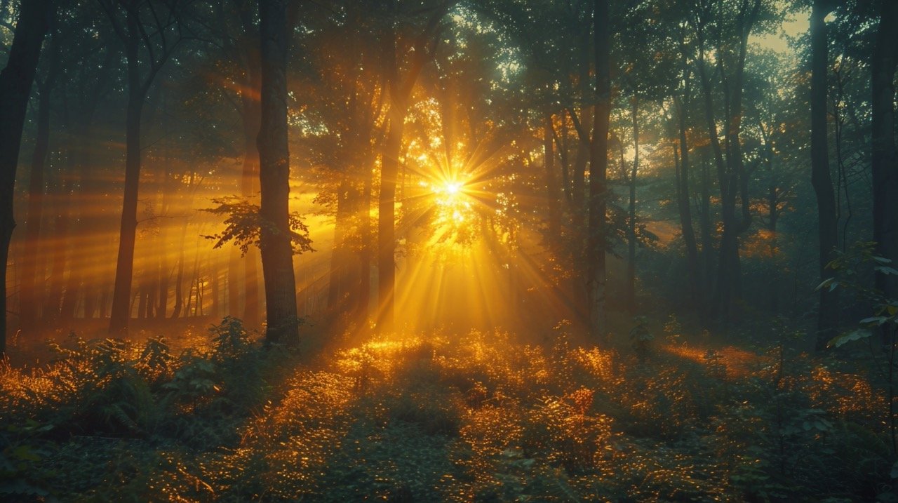 Forest Sunrise Beauty – Sunlight Filtering Through Trees, Morning Light in Natural Background – Stock Image