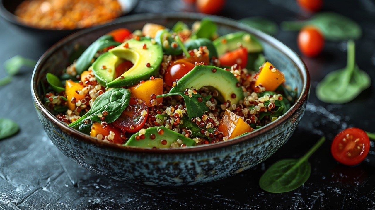 Fresh Quinoa Salad – Stock Photo of Vibrant Quinoa Dish with Avocado, Cucumber, Spinach, and Tomatoes