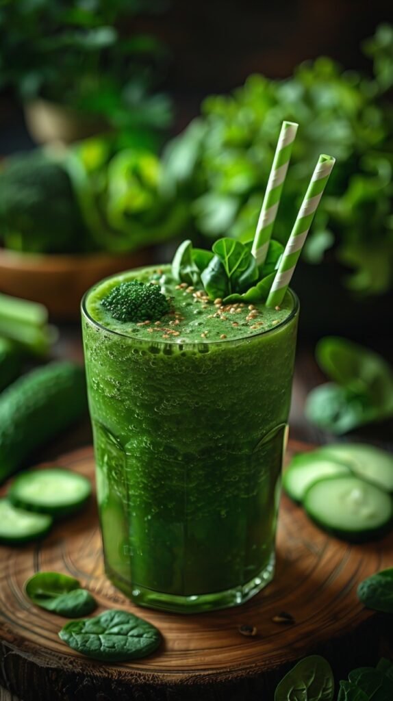 Fresh green juice Rustic wood table – Stock photo of healthy vegetable drink with two straws