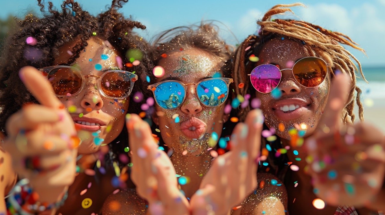 Fun with Confetti Teen Hipster Party – stock picture showing friends celebrating with colorful confetti