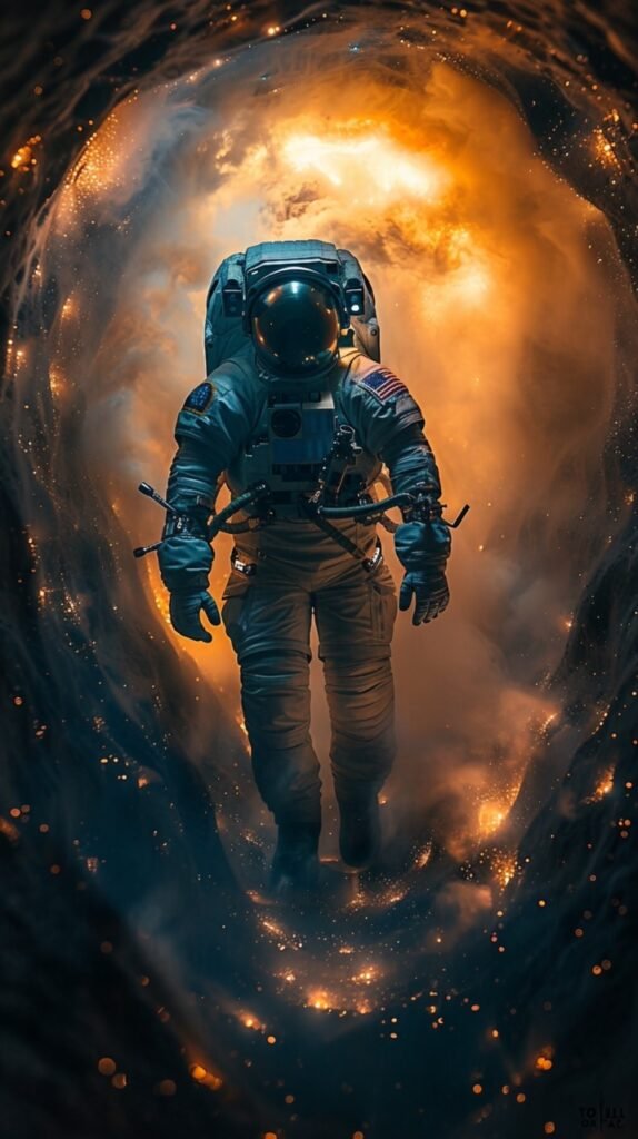 Futuristic Exploration Astronaut in Space Tunnel – Stock Photo of Spaceman