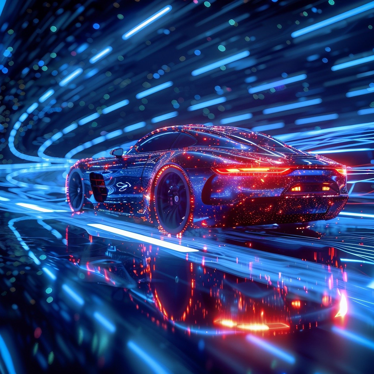 Futuristic vehicle speeding on blue digital backdrop – technology stock image