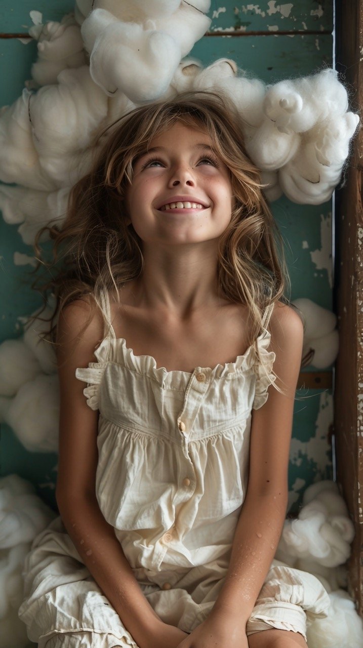 Girl Sitting on Cloud, Laughing – Stock Photo Against Green Background, Joyful Moment